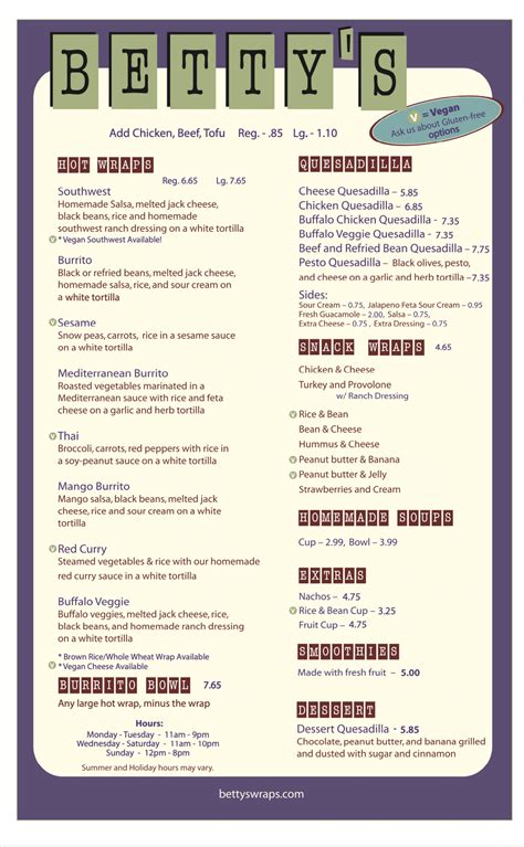 Betty's Menu .